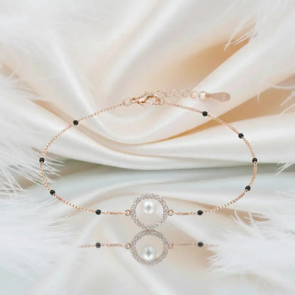 925 Sterling Silver Rose Gold Pearl Halo Adjustable Mangalsutra Bracelet