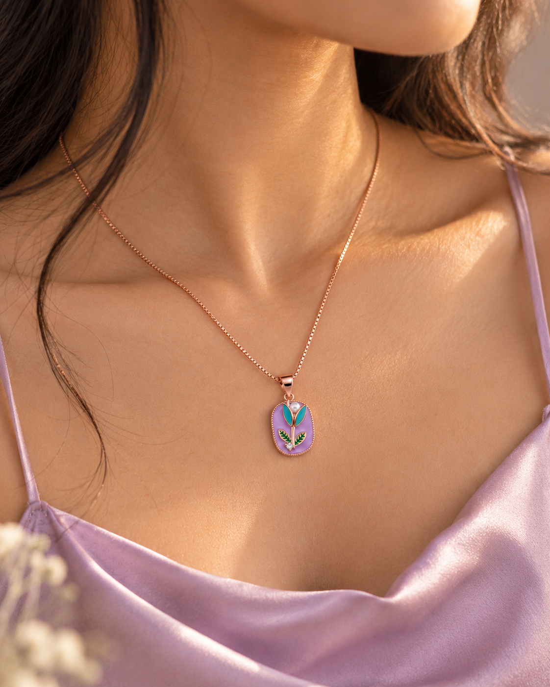 Baby Pink Floral Enamel Rose Gold Pendant Necklace