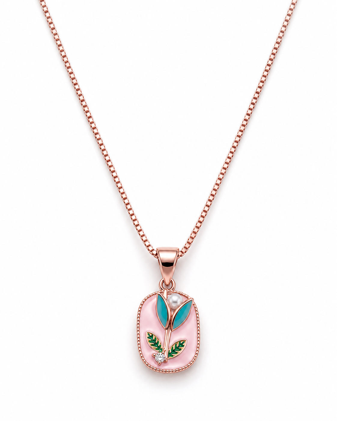 Baby Pink Floral Enamel Rose Gold Pendant Necklace