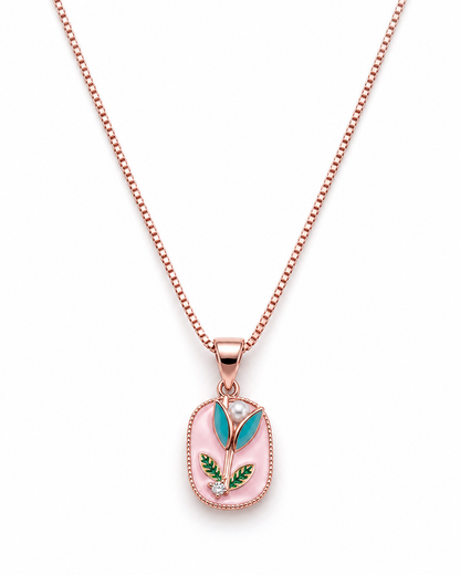 Baby Pink Floral Enamel Rose Gold Pendant Necklace