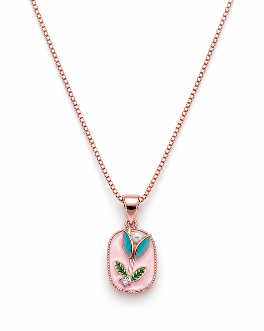 Baby Pink Floral Enamel Rose Gold Pendant Necklace