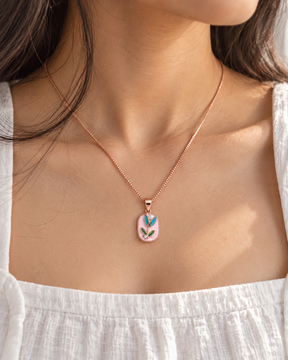 Baby Pink Floral Enamel Rose Gold Pendant Necklace