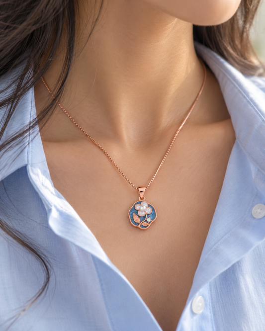 Blue Floral Enamel Rose Gold Pendant Necklace