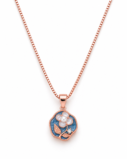 Blue Floral Enamel Rose Gold Pendant Necklace