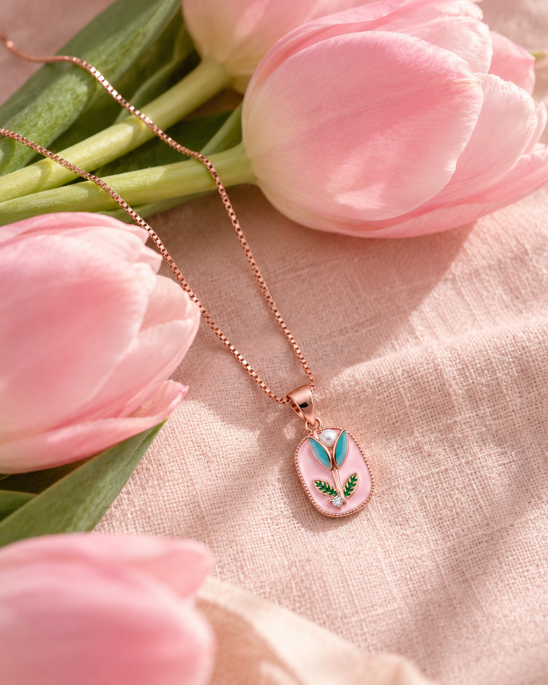 Baby Pink Floral Enamel Rose Gold Pendant Necklace