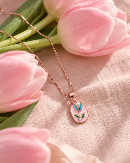 Baby Pink Floral Enamel Rose Gold Pendant Necklace