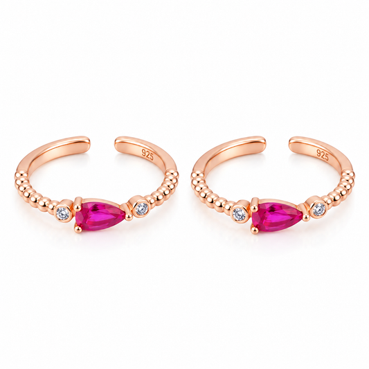 Ruby Drop 925 Silver Adjustable Rose Gold Toe Ring