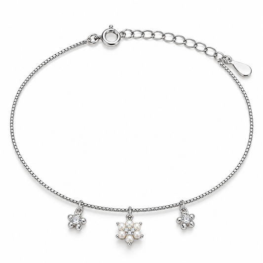 Sparkling Trio 925 Silver Bloom Adjustable Charm Bracelet