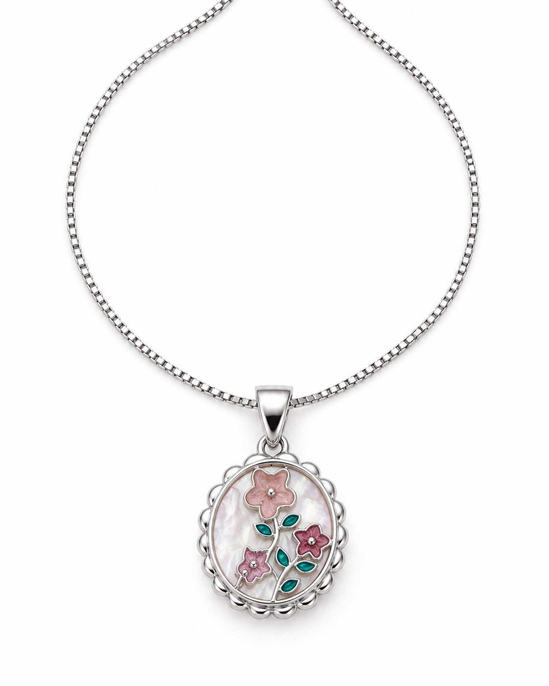 925 Sterling Silver Pink Floral Pendant Necklace