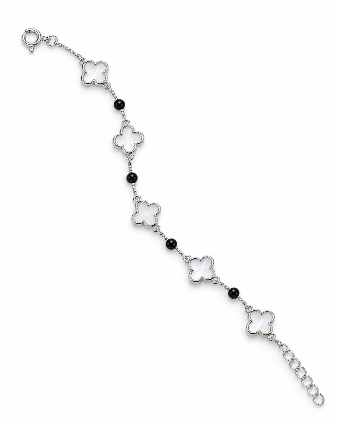 925 Sterling Silver Clover & Black Bead Bracelet