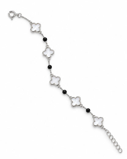 925 Sterling Silver Clover & Black Bead Bracelet