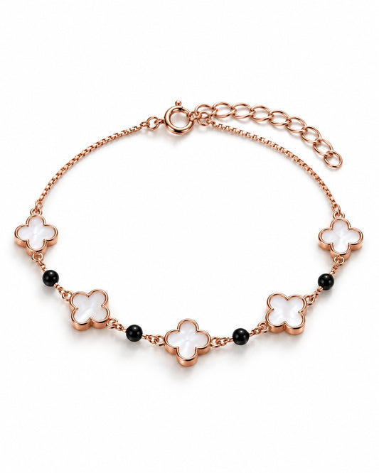 Rose Gold Clover Charm Bracelet with Black Beads