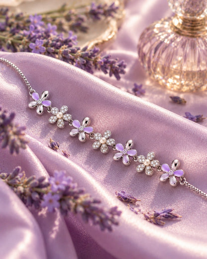 Lavender Floral Pearl & Crystal Silver Bracelet