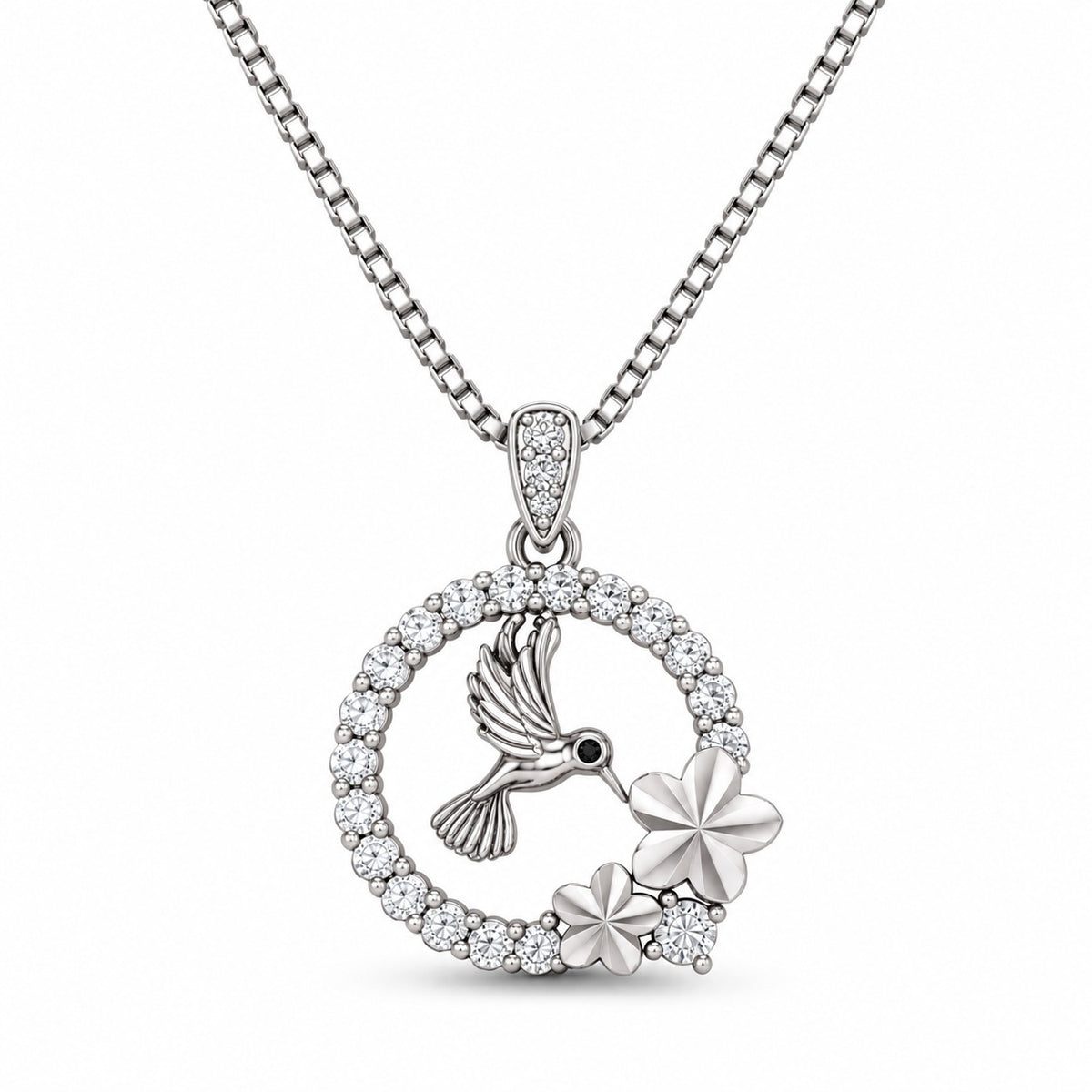 Hummingbird Black Stone Floral Silver Pendant Necklace