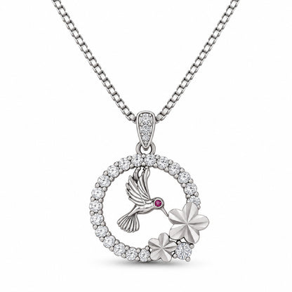 Hummingbird Pink Stone Floral Silver Pendant Necklace