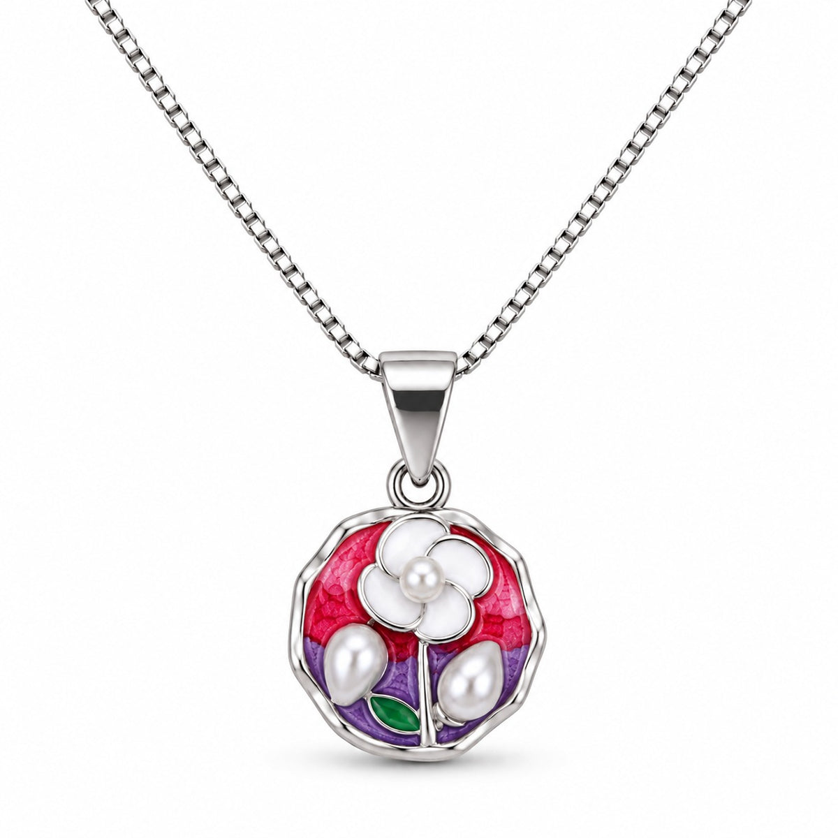 Pink & Purple Floral Pearl Silver Pendant Necklace