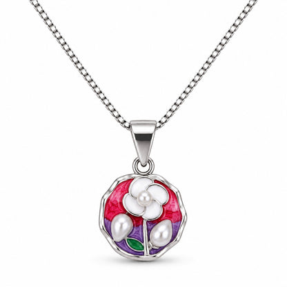 Pink & Purple Floral Pearl Silver Pendant Necklace