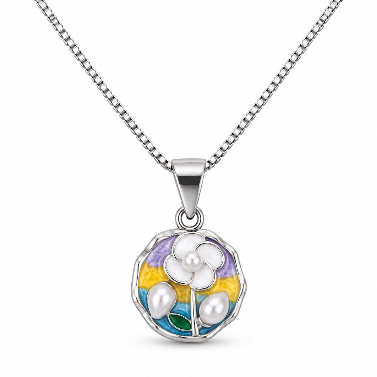 Multicolour Floral Pearl Silver Pendant Necklace