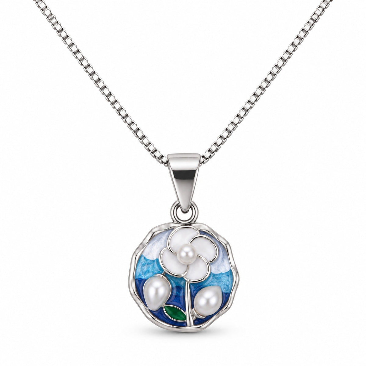 Blue Enamel Floral Pearl Silver Pendant Necklace