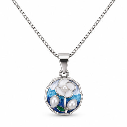 Blue Enamel Floral Pearl Silver Pendant Necklace