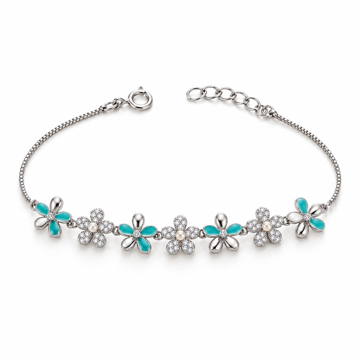 Turquoise & Pearl Floral Sterling Silver Bracelet