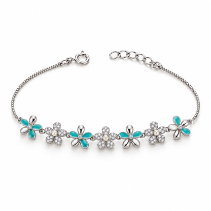 Turquoise & Pearl Floral Sterling Silver Bracelet