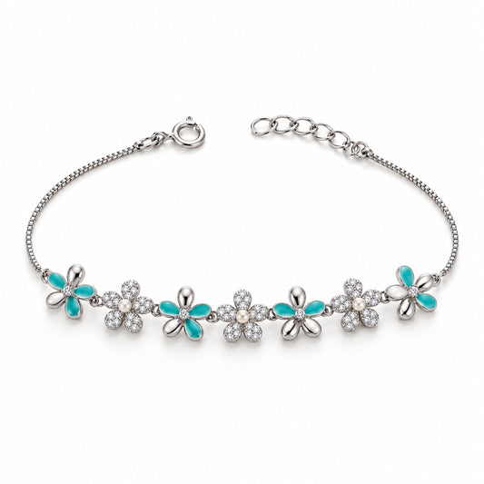 Turquoise & Pearl Floral Sterling Silver Bracelet