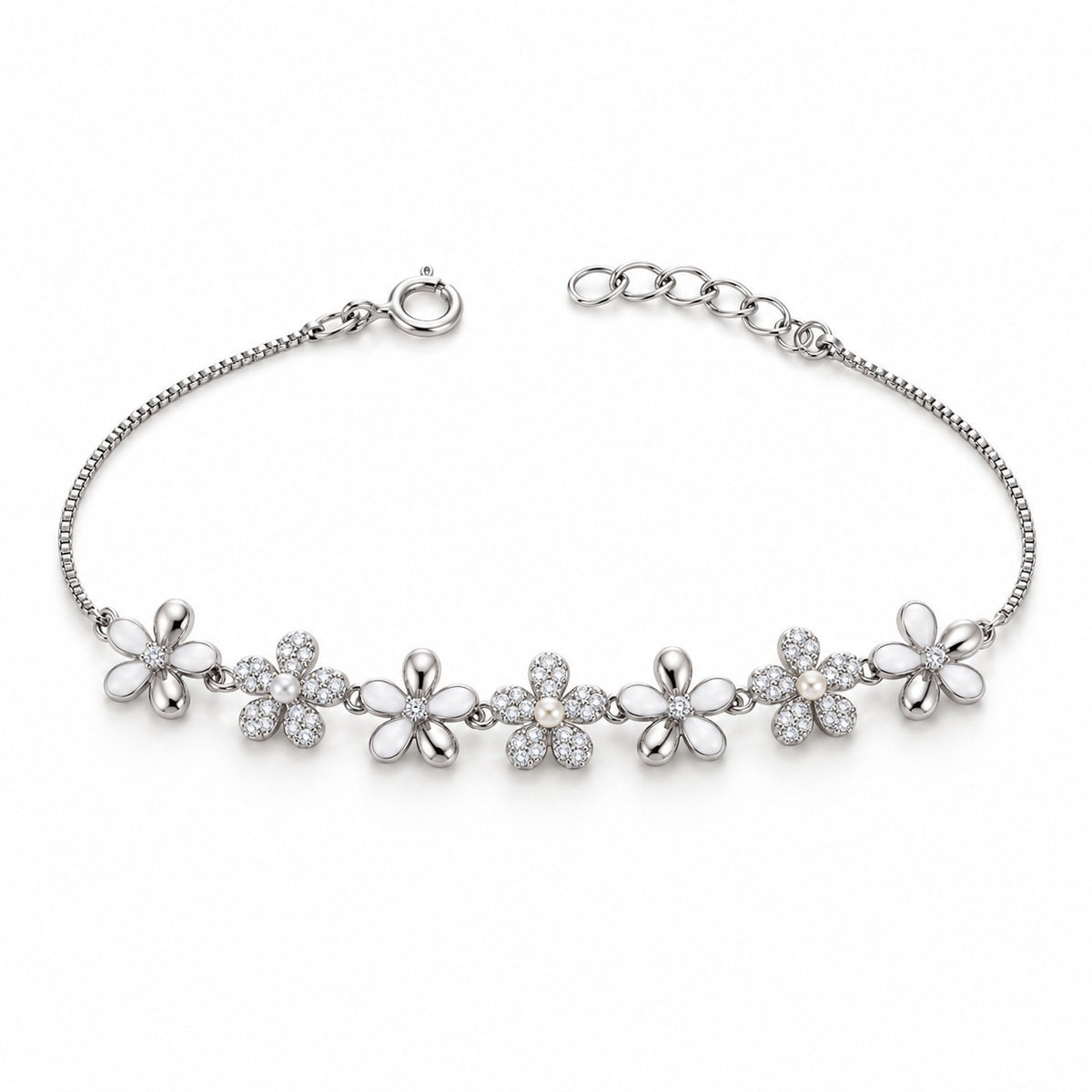 Turquoise & Pearl Floral Sterling Silver Bracelet