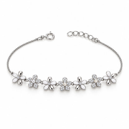 Turquoise & Pearl Floral Sterling Silver Bracelet