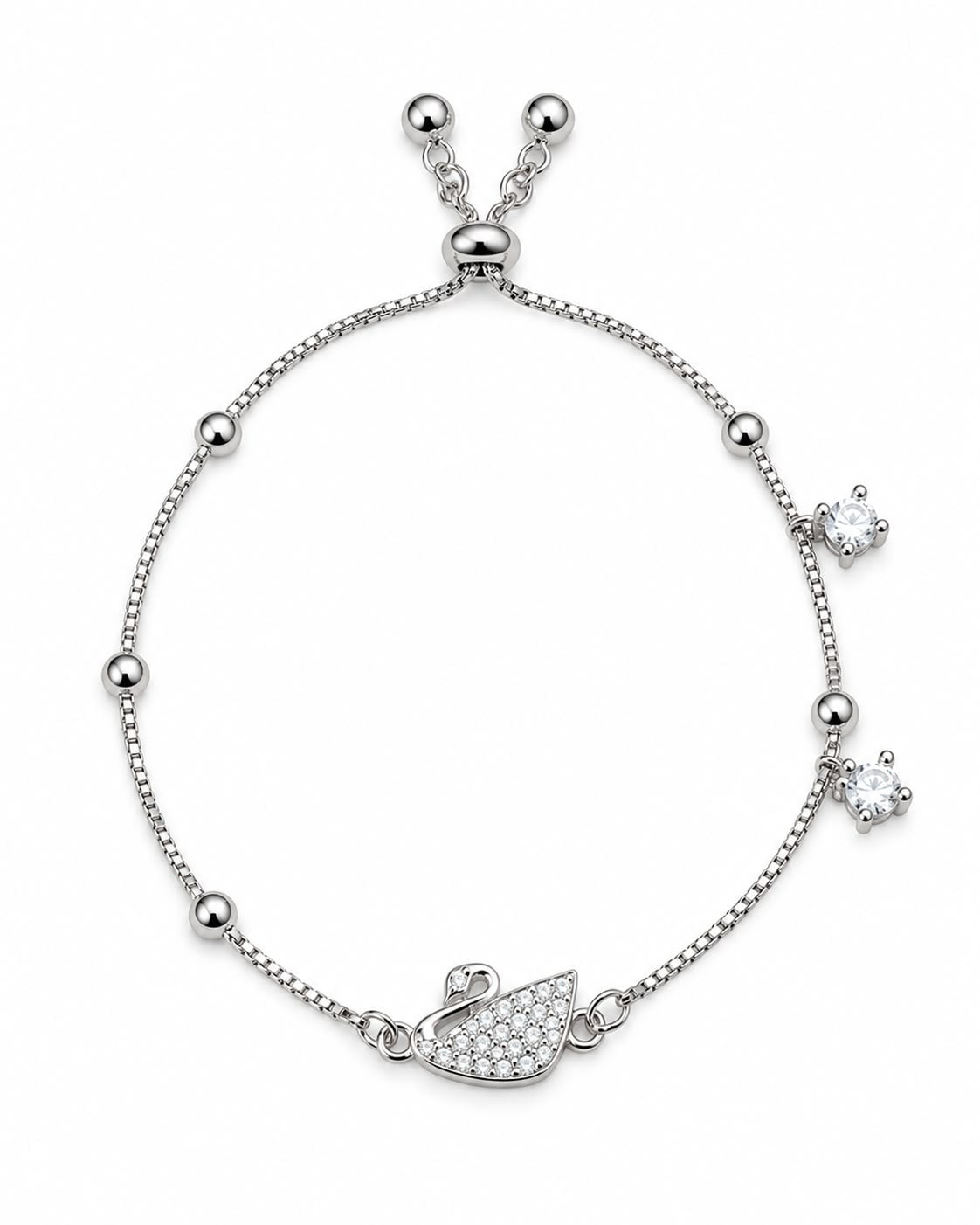 Silver Swan Charm Adjustable Bracelet with Crystal Accents