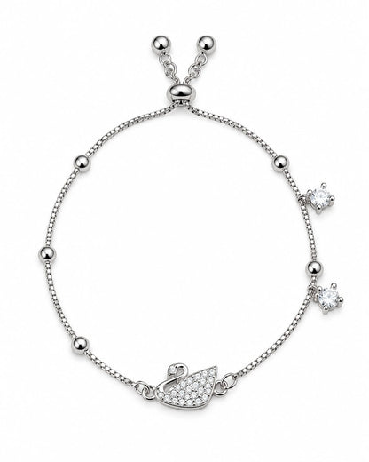 Silver Swan Charm Adjustable Bracelet with Crystal Accents