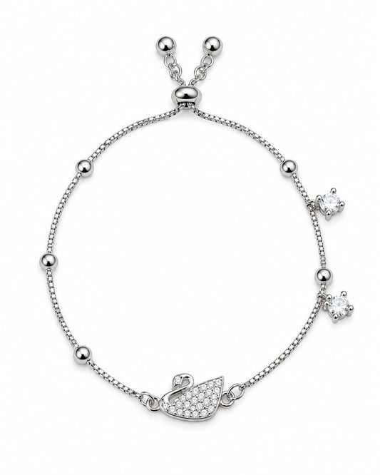 Silver Swan Charm Adjustable Bracelet with Crystal Accents