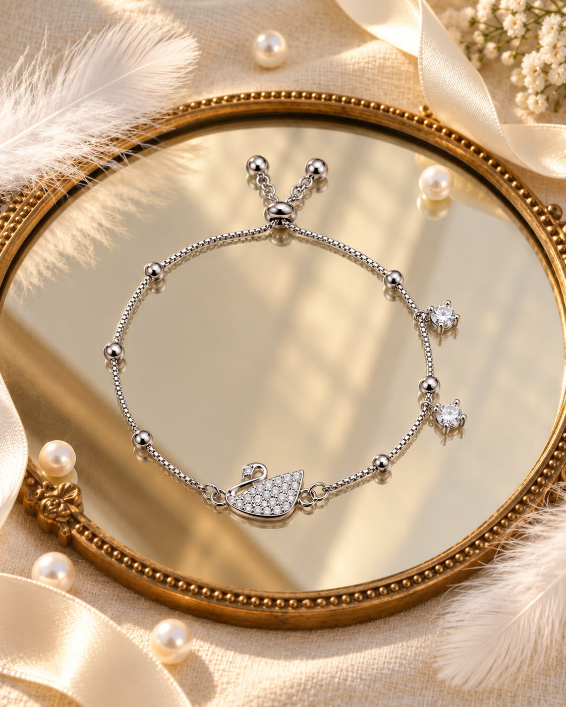 Silver Swan Charm Adjustable Bracelet with Crystal Accents