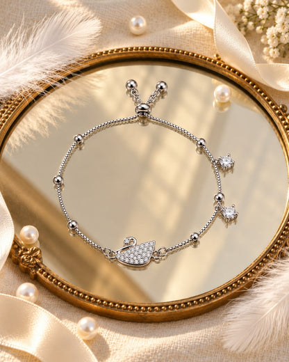 Silver Swan Charm Adjustable Bracelet with Crystal Accents