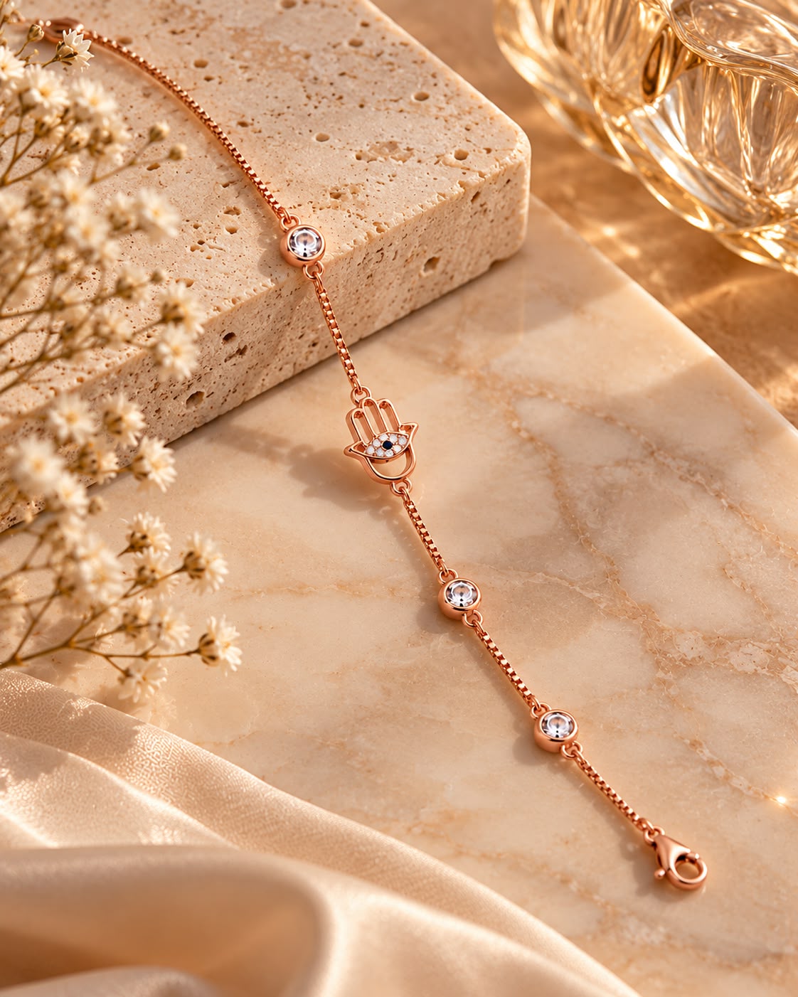 Rose Gold Hamsa Hand Crystal Charm Bracelet