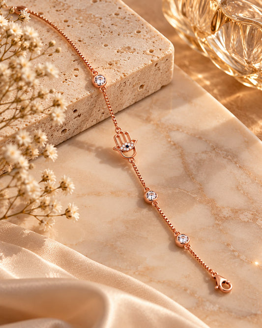 Rose Gold Hamsa Hand Crystal Charm Bracelet