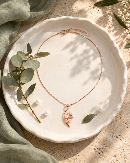 Rose Gold Leaf & Pearl Pendant Necklace