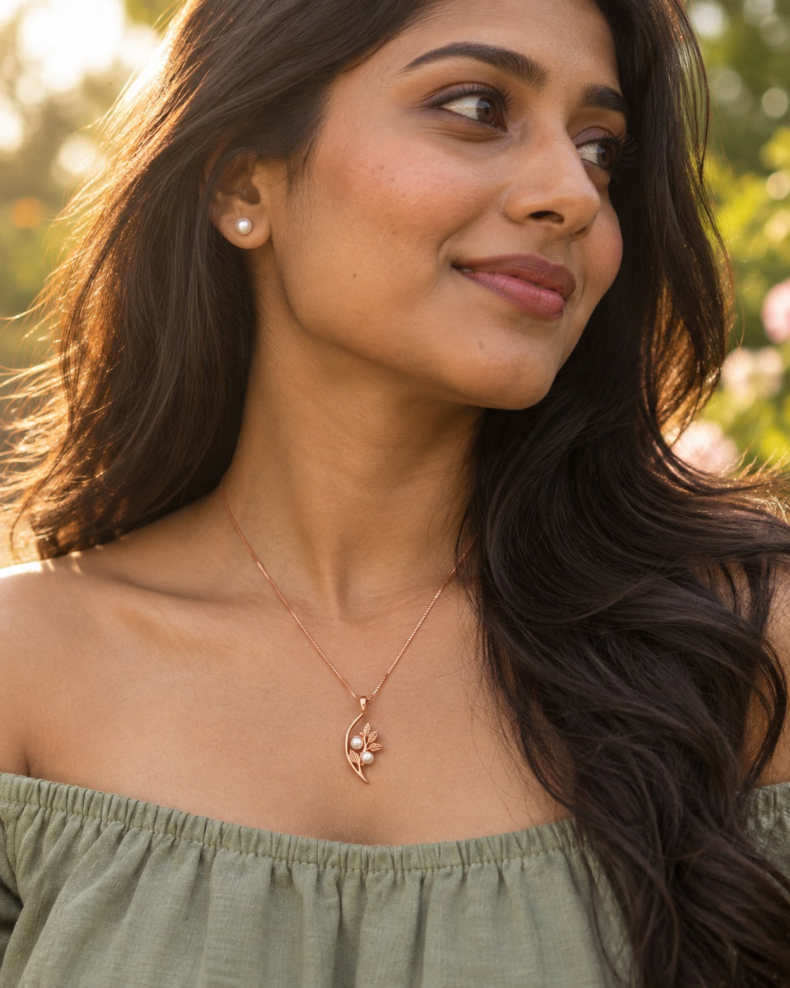 Rose Gold Leaf & Pearl Pendant Necklace