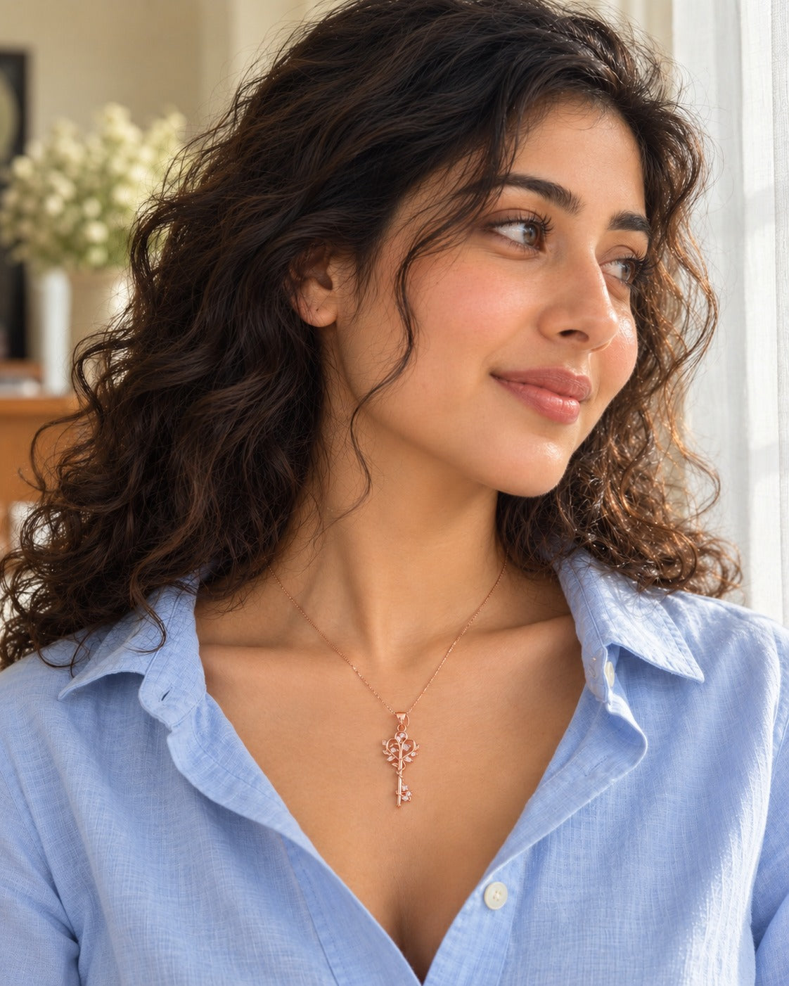 Rose Gold Crystal Tree of Life Key Pendant Necklace – 925 Sterling Silver