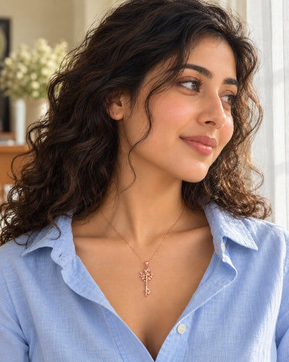 Rose Gold Crystal Tree of Life Key Pendant Necklace – 925 Sterling Silver