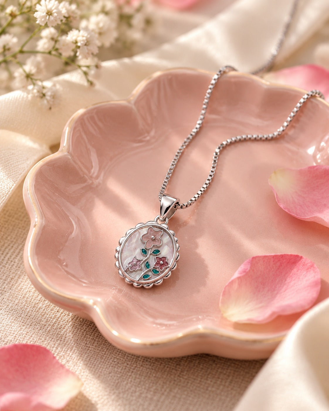 925 Sterling Silver Pink Floral Pendant Necklace