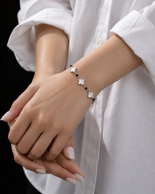 925 Sterling Silver Clover & Black Bead Bracelet