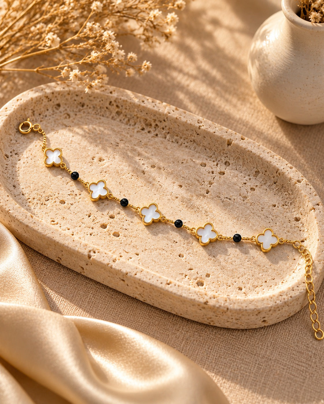 Gold-Tone Clover & Black Bead Bracelet