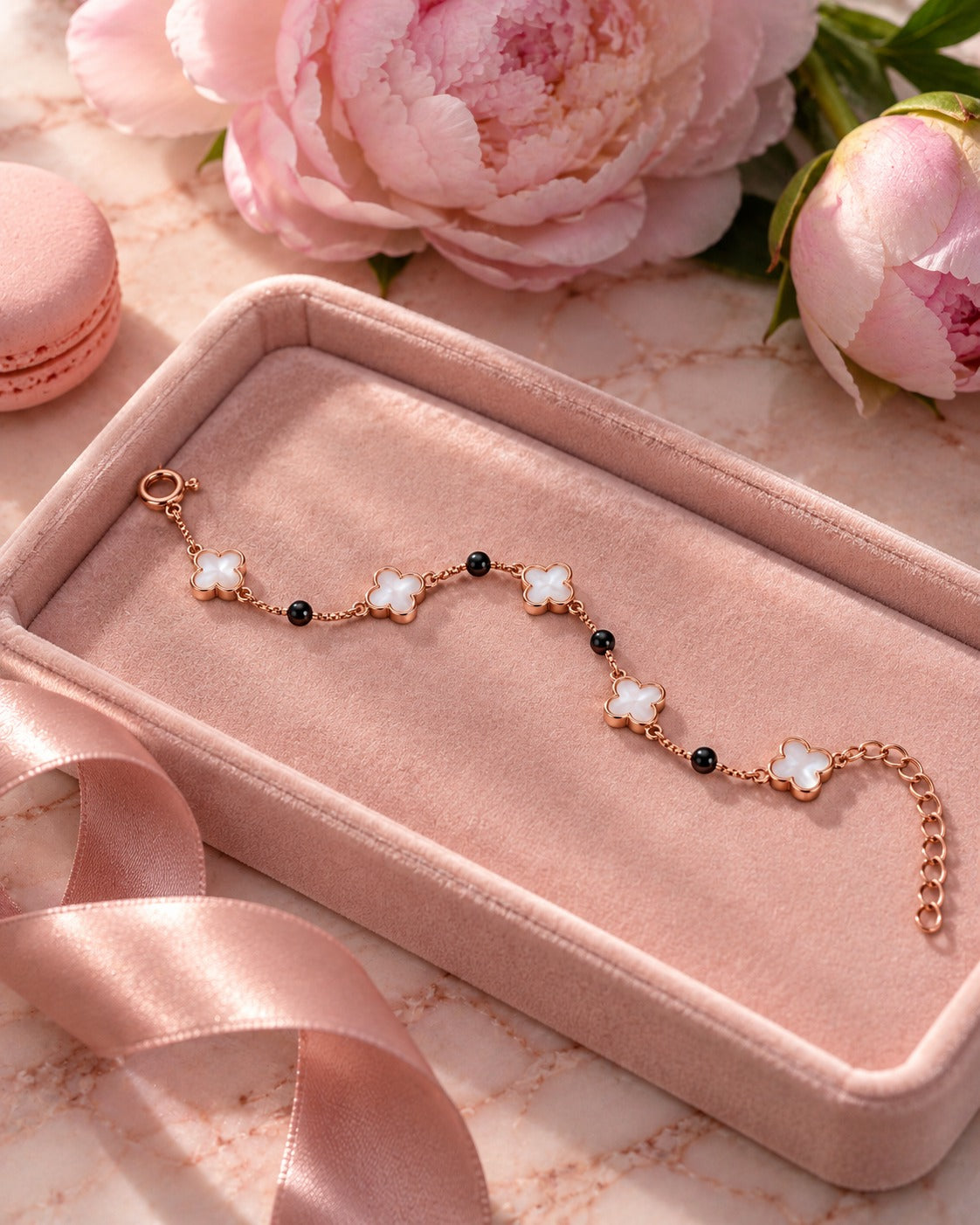 Rose Gold Clover Charm Bracelet with Black Beads
