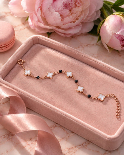 Rose Gold Clover Charm Bracelet with Black Beads