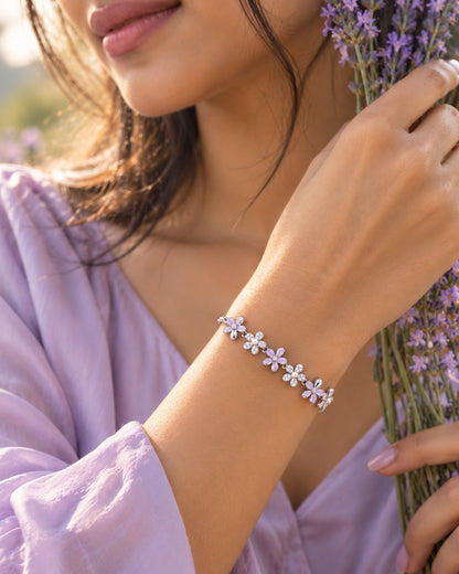 Lavender Floral Pearl & Crystal Silver Bracelet