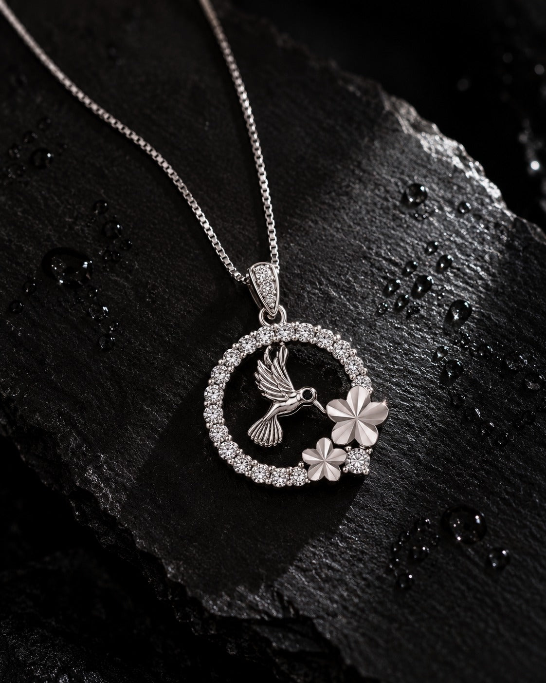 Hummingbird Black Stone Floral Silver Pendant Necklace