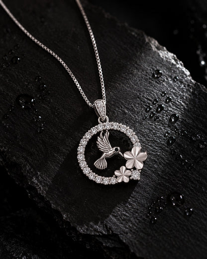 Hummingbird Black Stone Floral Silver Pendant Necklace