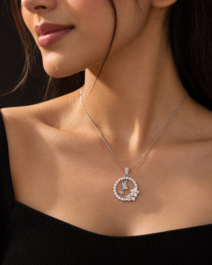 Hummingbird Black Stone Floral Silver Pendant Necklace