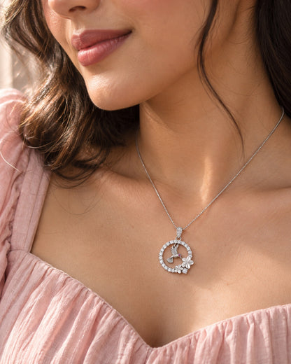 Hummingbird Pink Stone Floral Silver Pendant Necklace